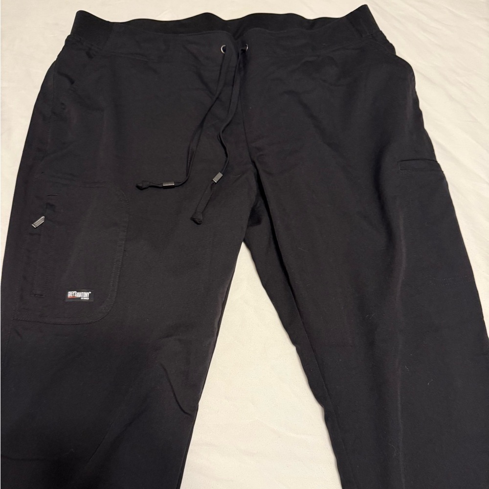 grey's anatomy	 L petite black	scrub pants	small slit on bottoms, drawstring